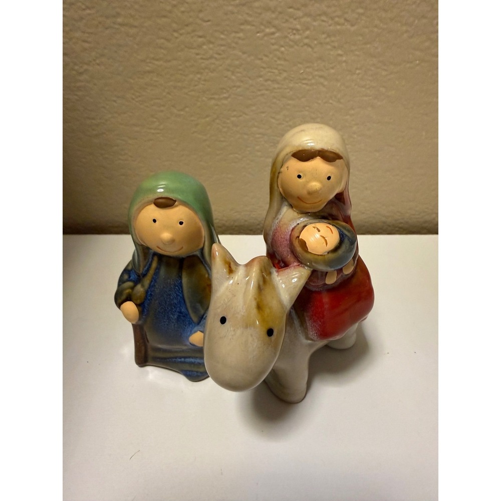 Ceramic Nativity Scene Figurine Mary Baby Jesus on Donkey Joseph Drip Glaze 4in